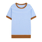 All Match Loose Slimming Contrast Color Striped Short Sleeved Knitwear Autumn Casual Bottoming Top Howe