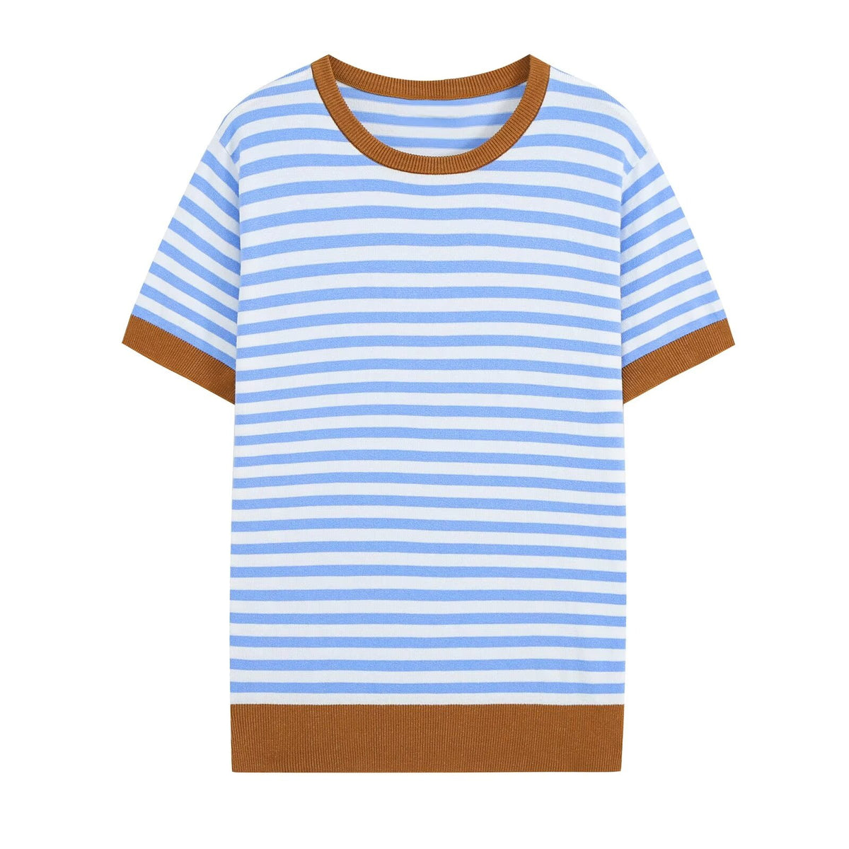 All Match Loose Slimming Contrast Color Striped Short Sleeved Knitwear Autumn Casual Bottoming Top Howe
