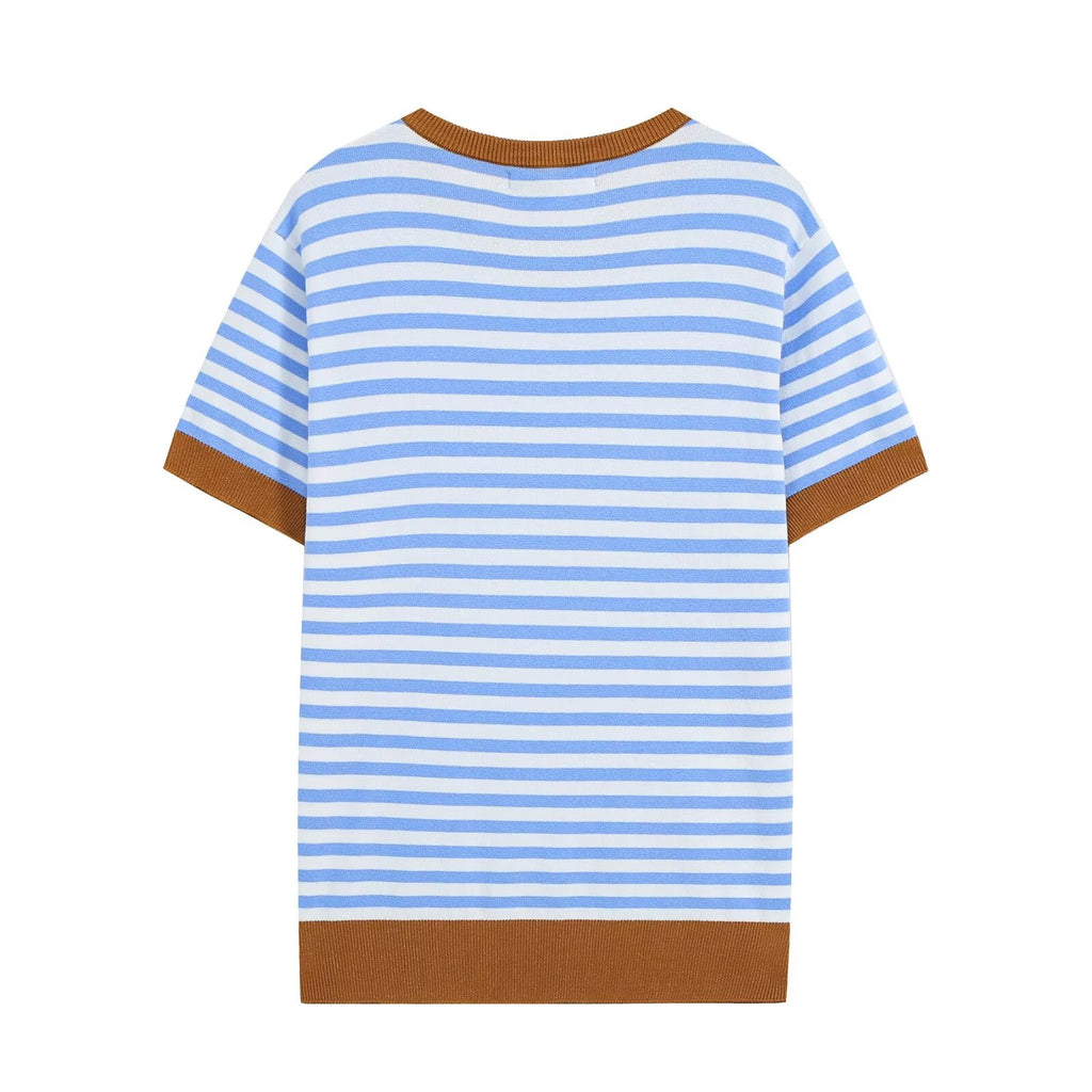 All Match Loose Slimming Contrast Color Striped Short Sleeved Knitwear Autumn Casual Bottoming Top Howe