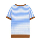 All Match Loose Slimming Contrast Color Striped Short Sleeved Knitwear Autumn Casual Bottoming Top Howe