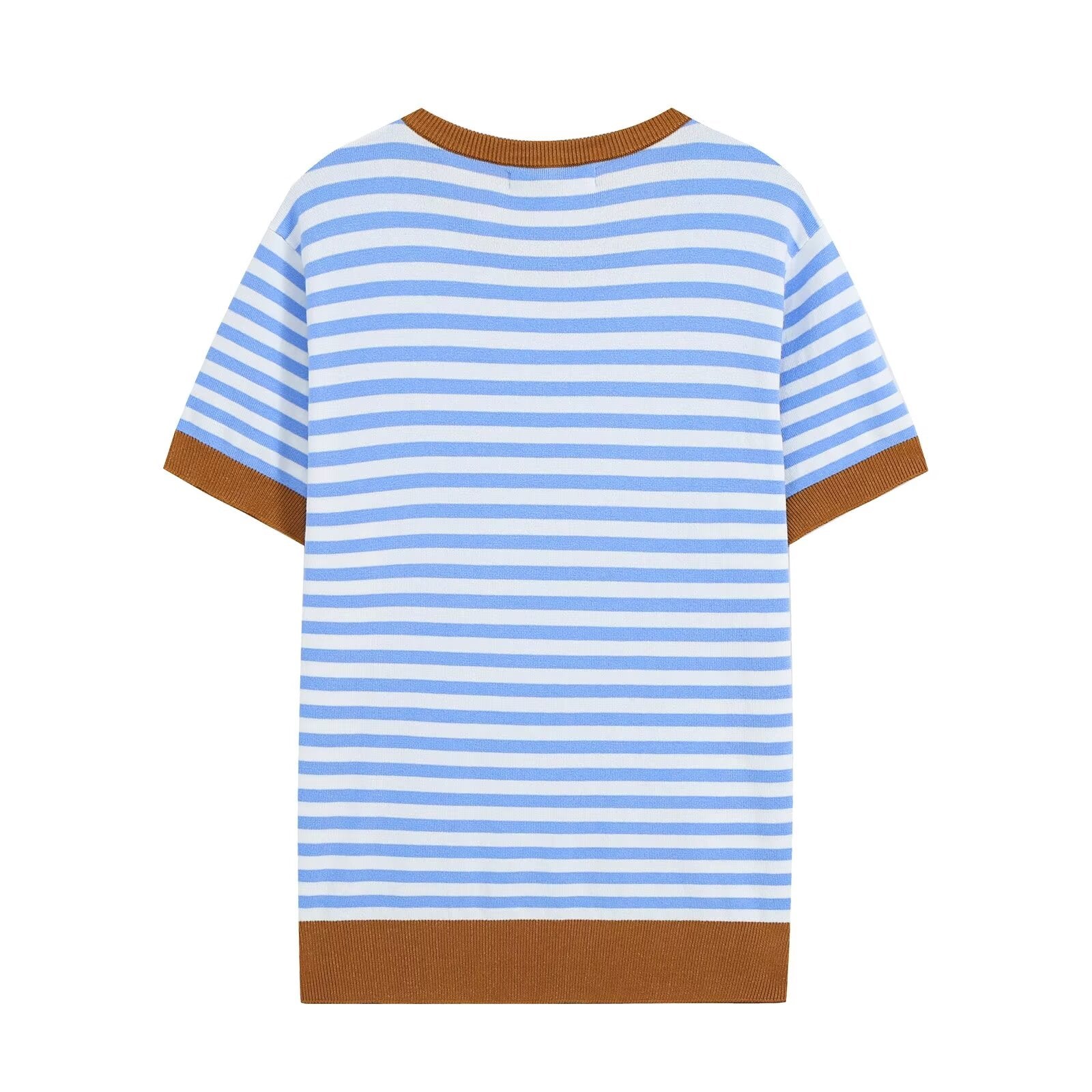 All Match Loose Slimming Contrast Color Striped Short Sleeved Knitwear Autumn Casual Bottoming Top Howe
