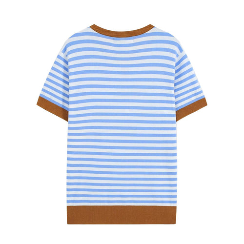 All Match Loose Slimming Contrast Color Striped Short Sleeved Knitwear Autumn Casual Bottoming Top Howe