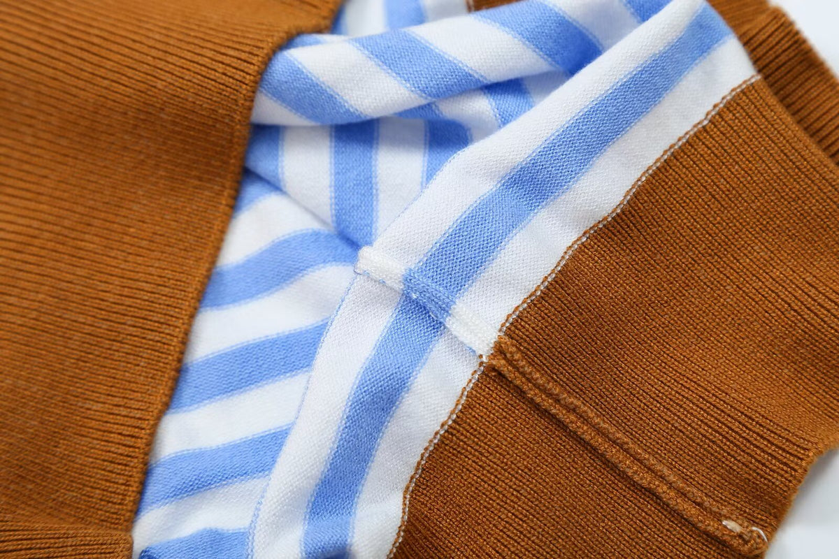All Match Loose Slimming Contrast Color Striped Short Sleeved Knitwear Autumn Casual Bottoming Top Howe