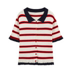 Women Clothing Fashionable Short Sleeve Striped Knitted Coat Howe