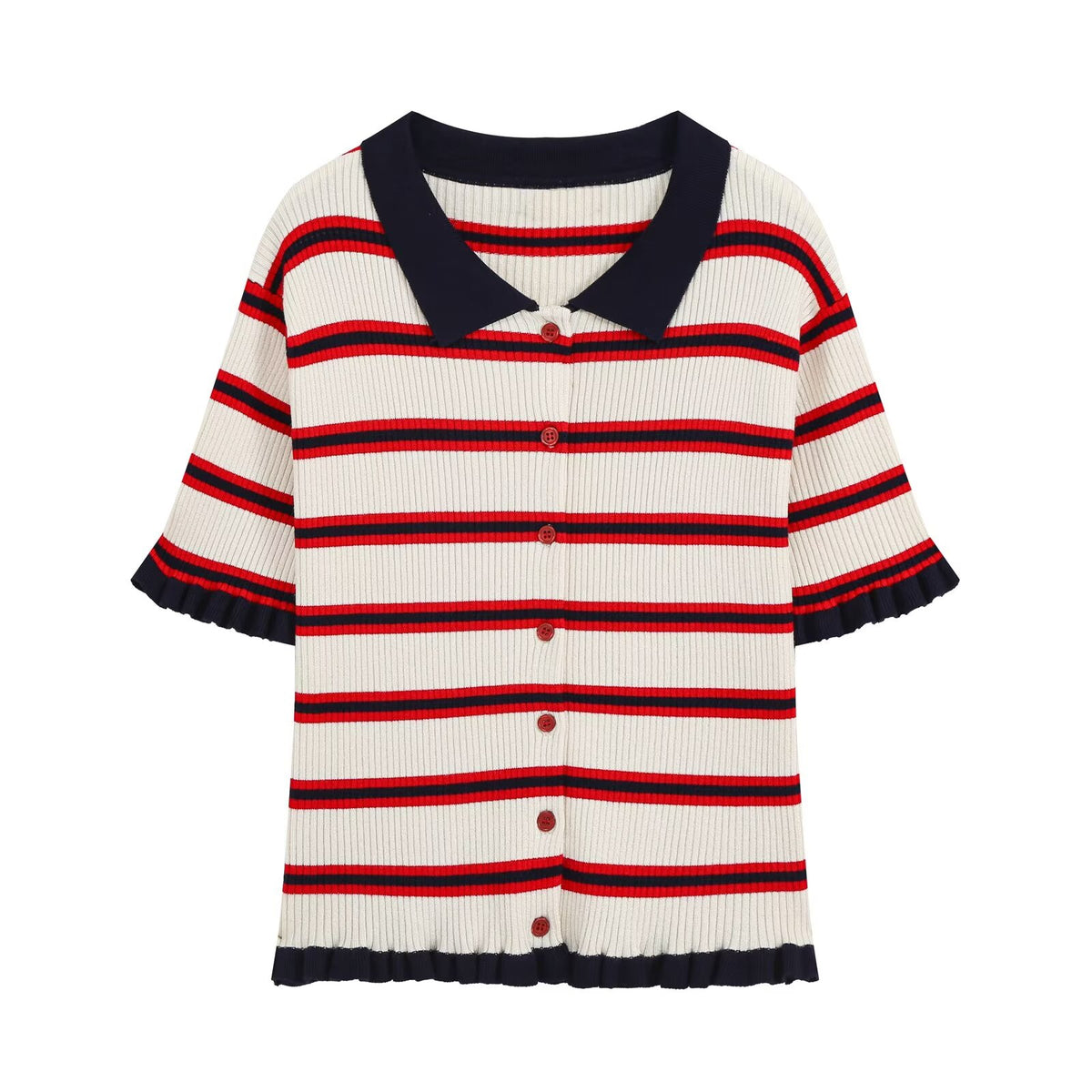 Women Clothing Fashionable Short Sleeve Striped Knitted Coat Howe