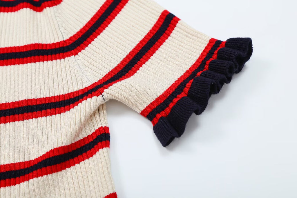 Women Clothing Fashionable Short Sleeve Striped Knitted Coat Howe