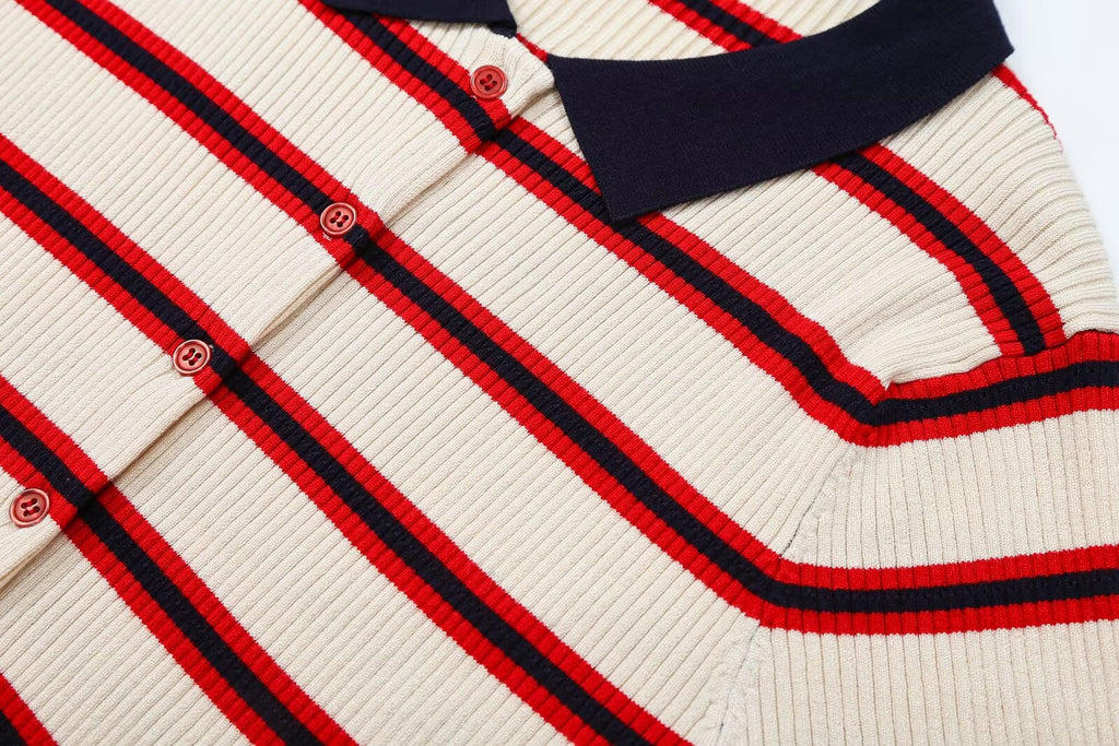 Women Clothing Fashionable Short Sleeve Striped Knitted Coat Howe