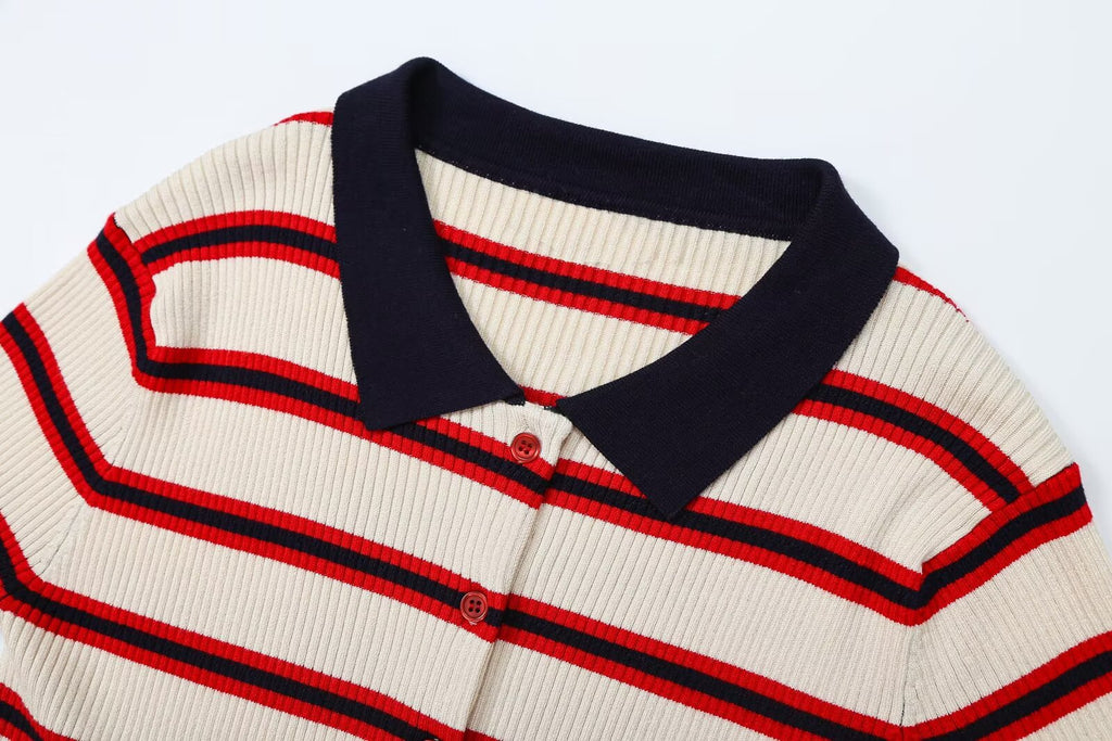 Women Clothing Fashionable Short Sleeve Striped Knitted Coat Howe