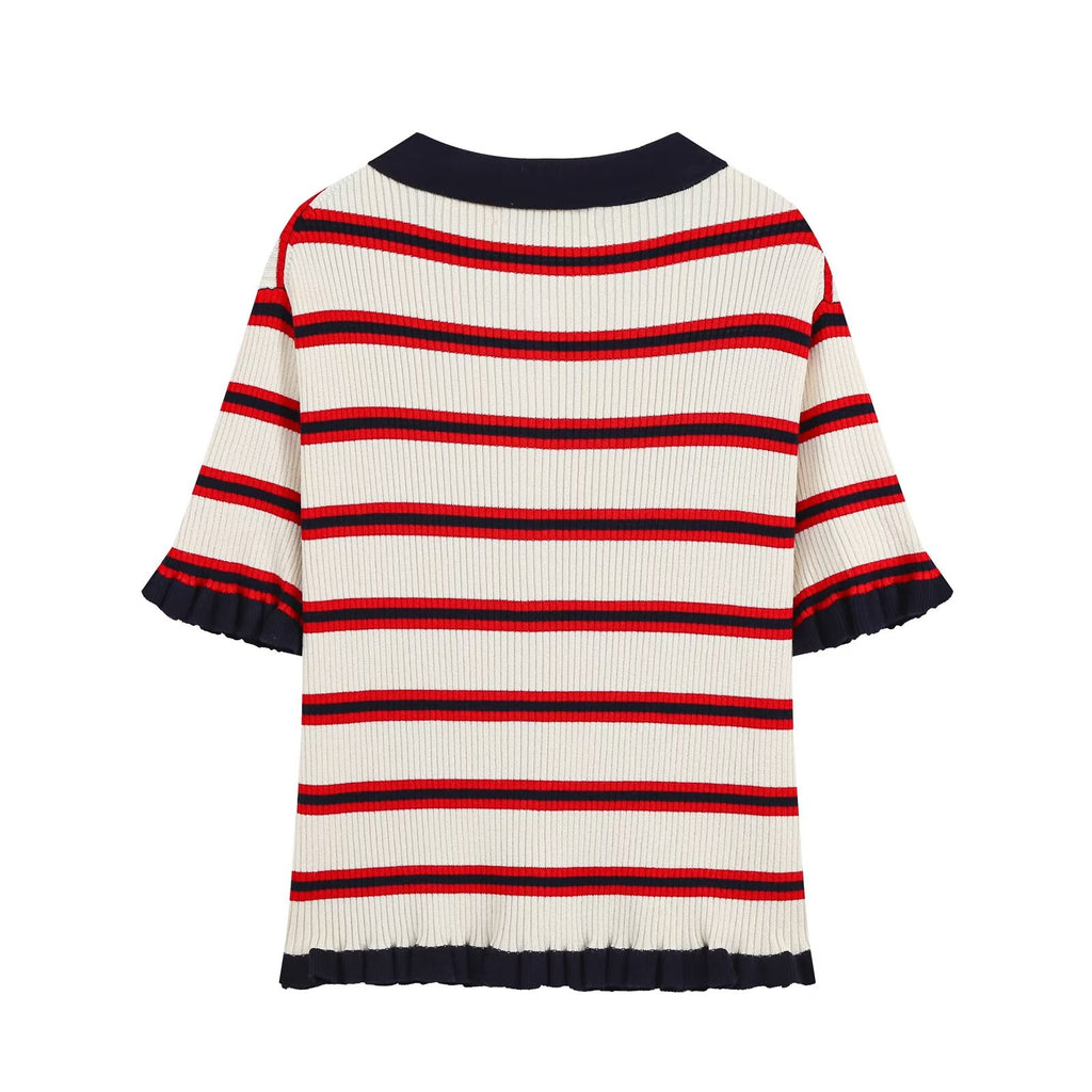 Women Clothing Fashionable Short Sleeve Striped Knitted Coat Howe