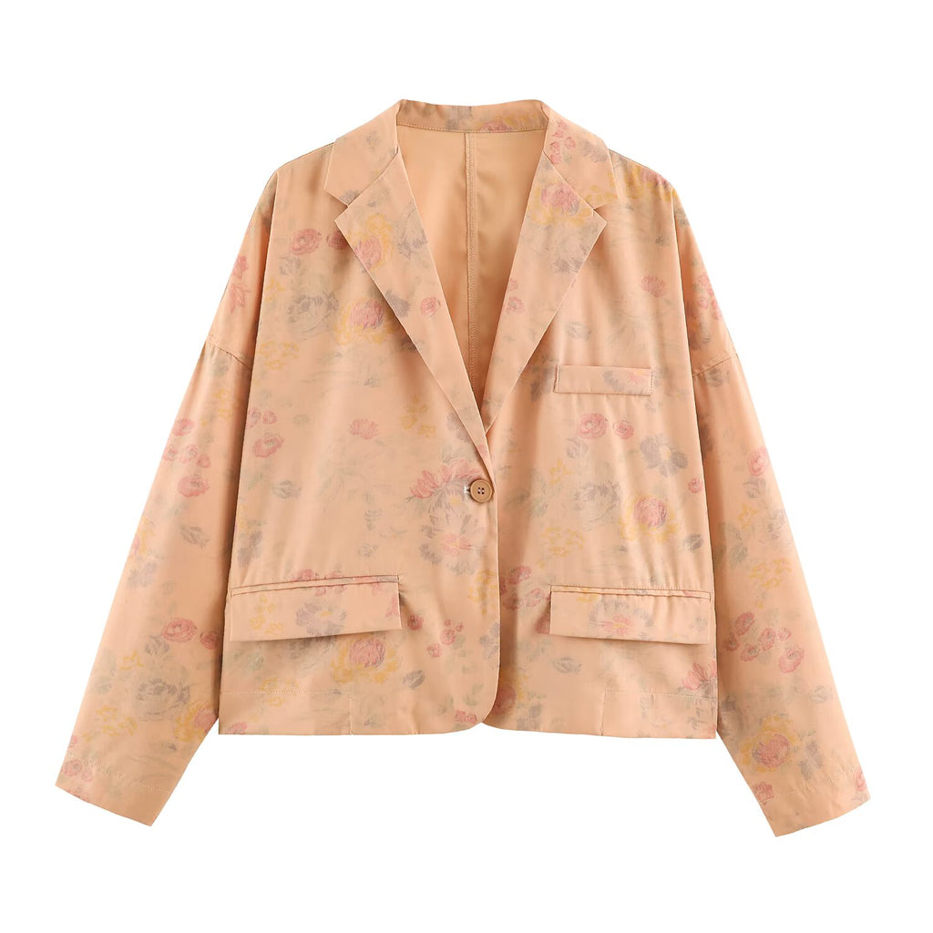 Autumn Women Clothing Polo Collar Long Sleeve Printed One Button Short Blazer SenDa