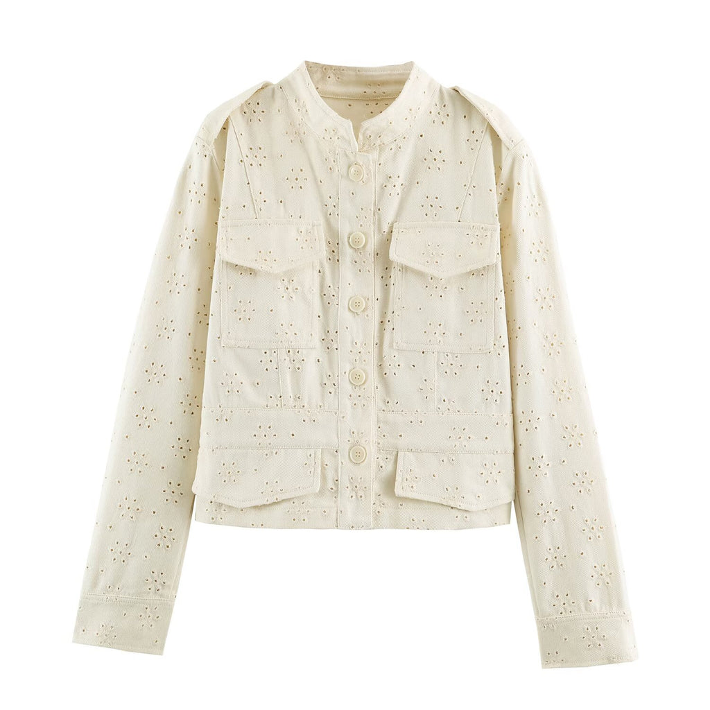 Women Clothing Autumn Casual All Matching Hollow Out Cutout Embroidered Coat SenDa