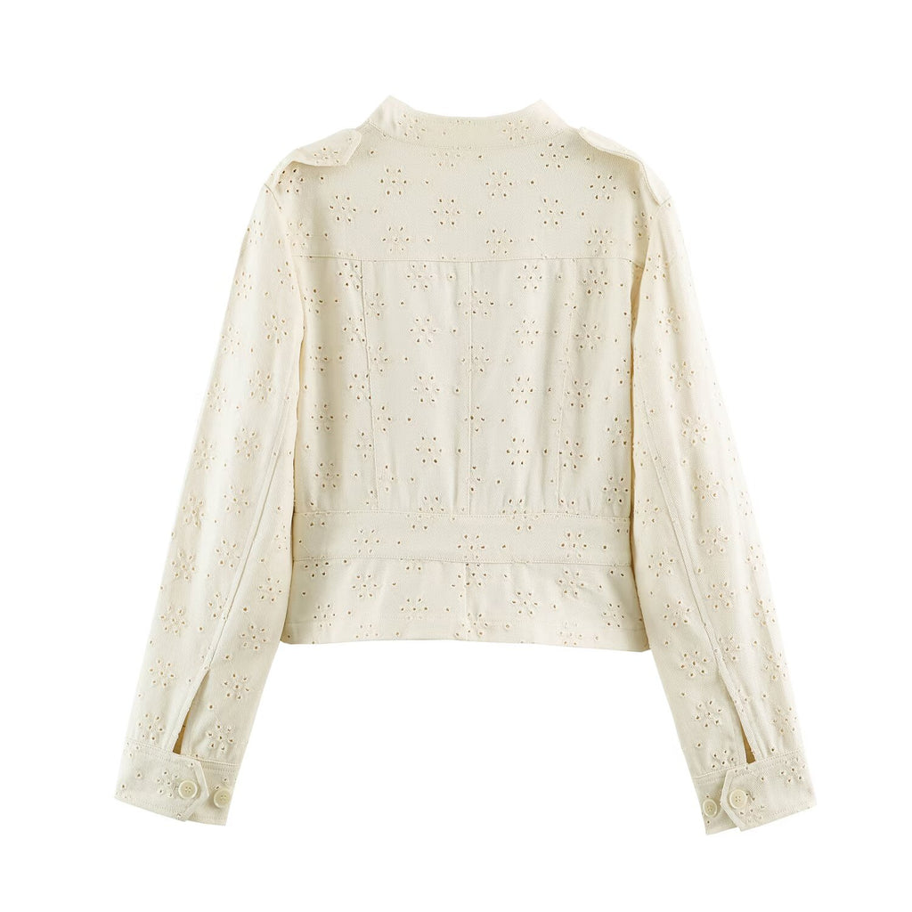 Women Clothing Autumn Casual All Matching Hollow Out Cutout Embroidered Coat SenDa