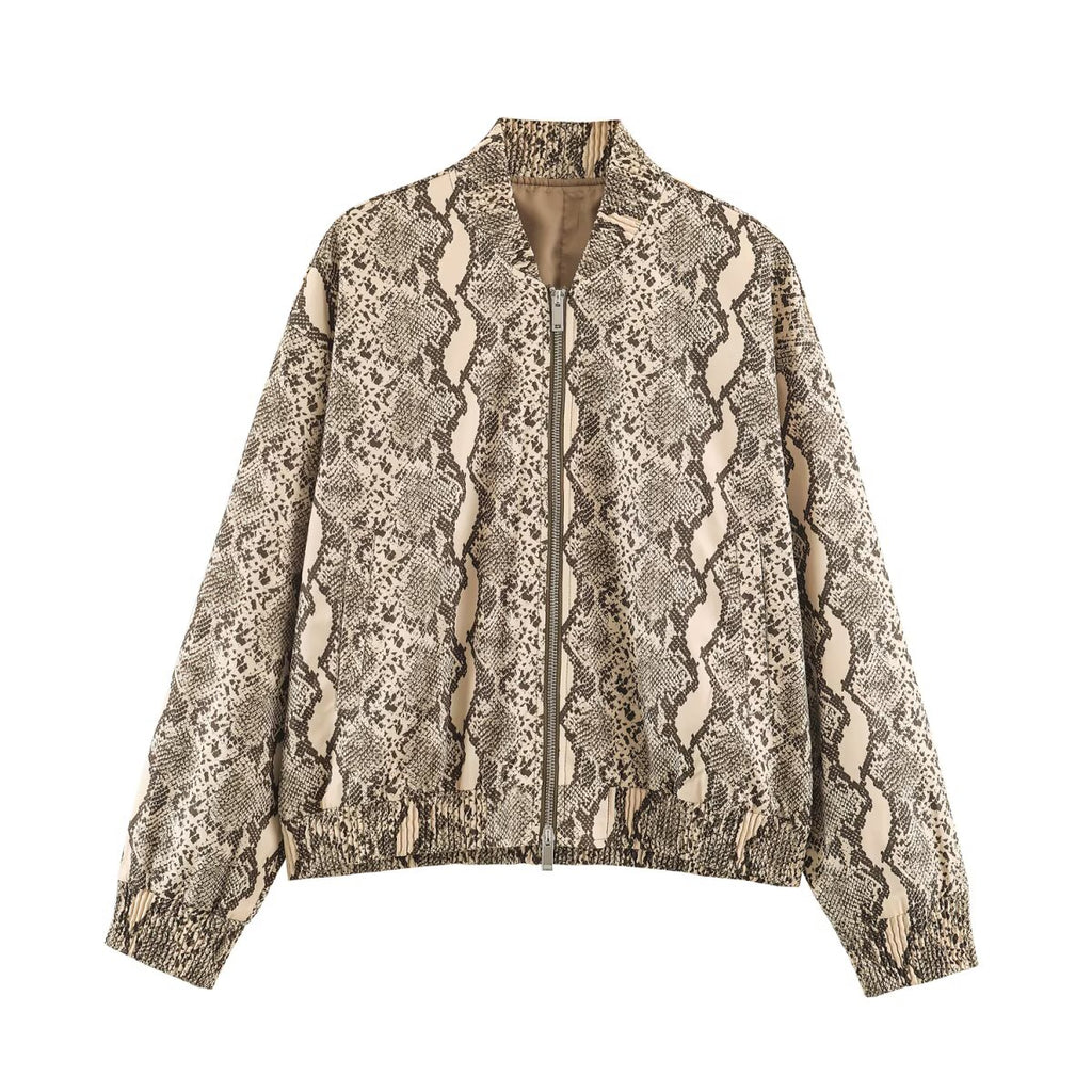 Women Clothing Autumn Loose Casual Stand Collar Snake Pattern Jacket Coat SenDa