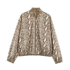 Women Clothing Autumn Loose Casual Stand Collar Snake Pattern Jacket Coat SenDa