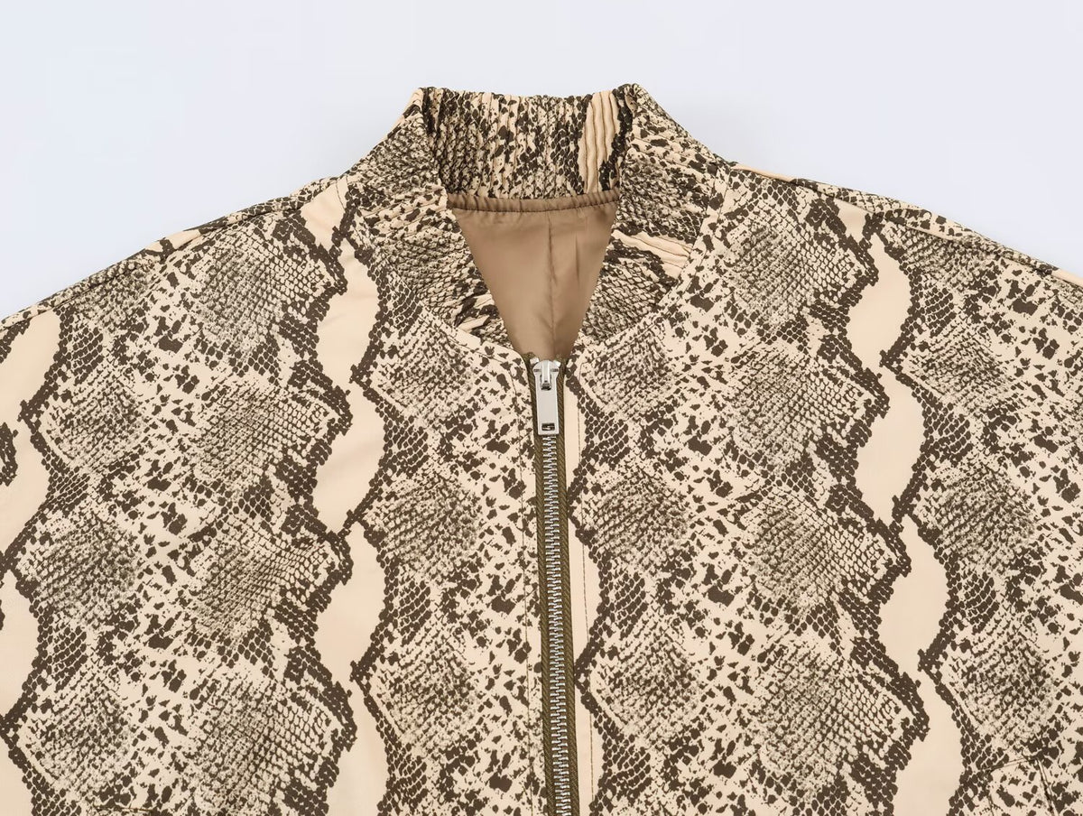Women Clothing Autumn Loose Casual Stand Collar Snake Pattern Jacket Coat SenDa
