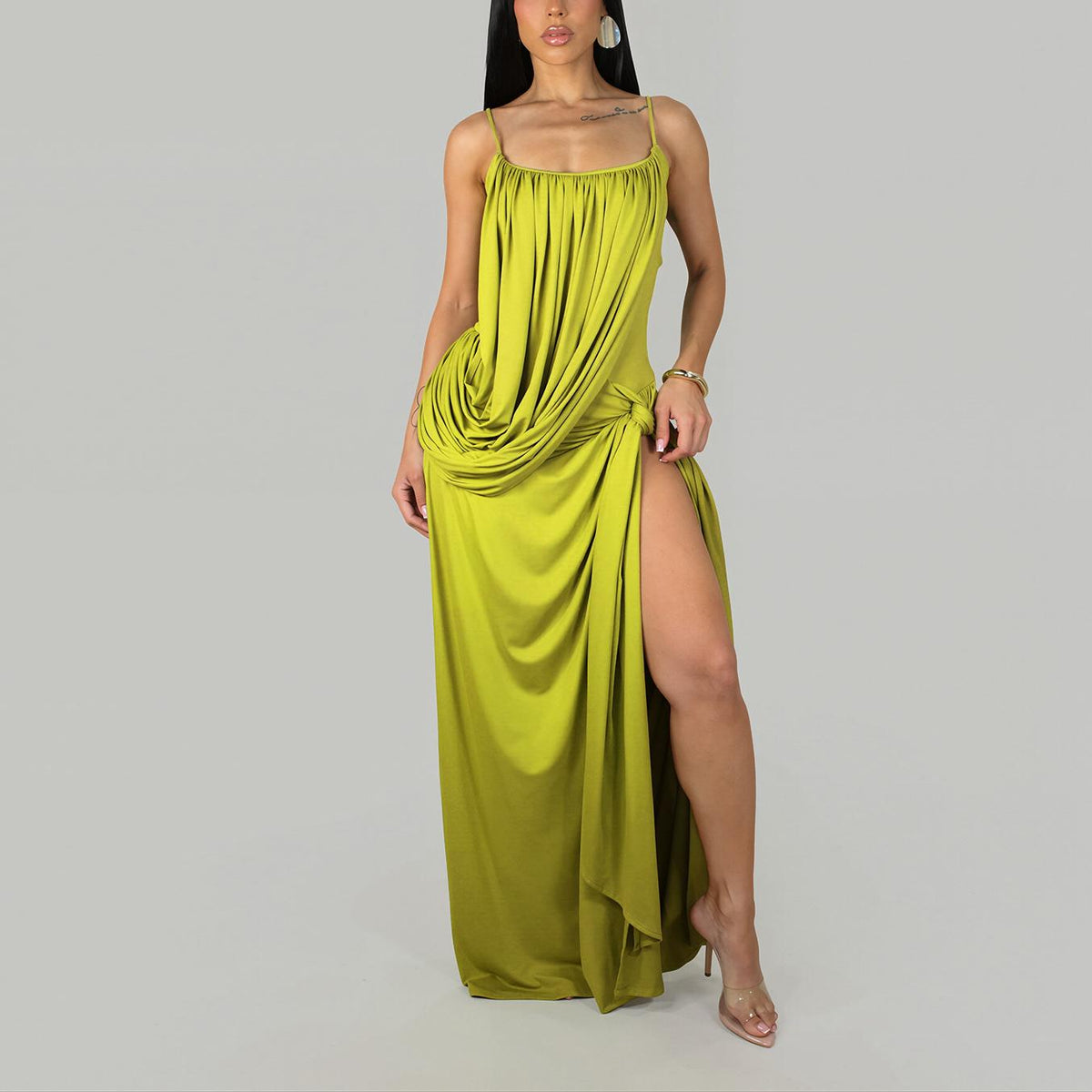 Women Sexy Suspender Twisted Waist Split Embellished Cocktail Solid Color Dress Miss Siss