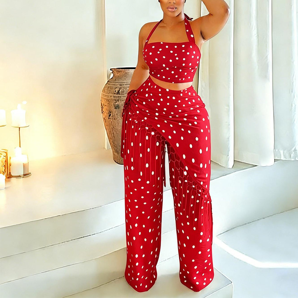 Women Wear Casual Thin Tassel Polka Dot Wide Leg Pants Set Miss Siss
