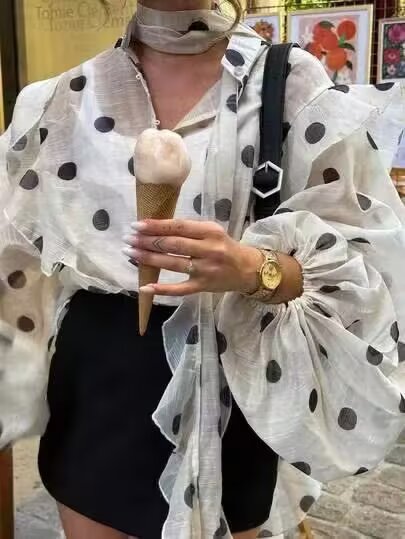 Summer Slimming Patchwork Polka Dot Shirt Women Long Sleeved High End Long Sleeved Top flightCourse