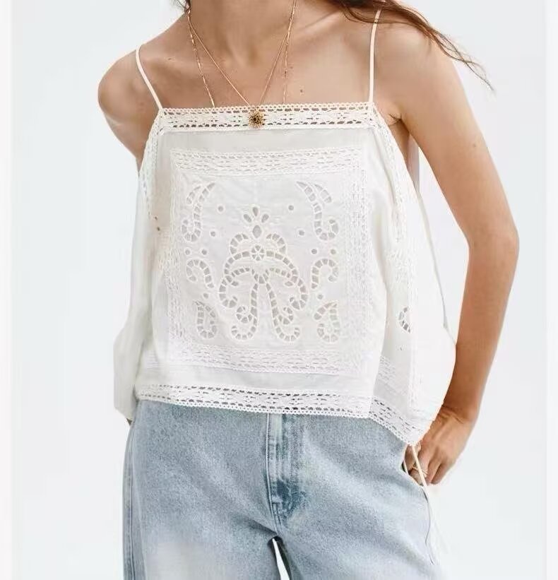 Solid Color Summer Design Hollow Out Cutout Embroidered Camisole flightCourse