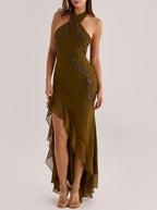 Elegant Retro Dress Heavy Duty Beaded Embroidered Ruffled Slit Halter Dress TinkleBell