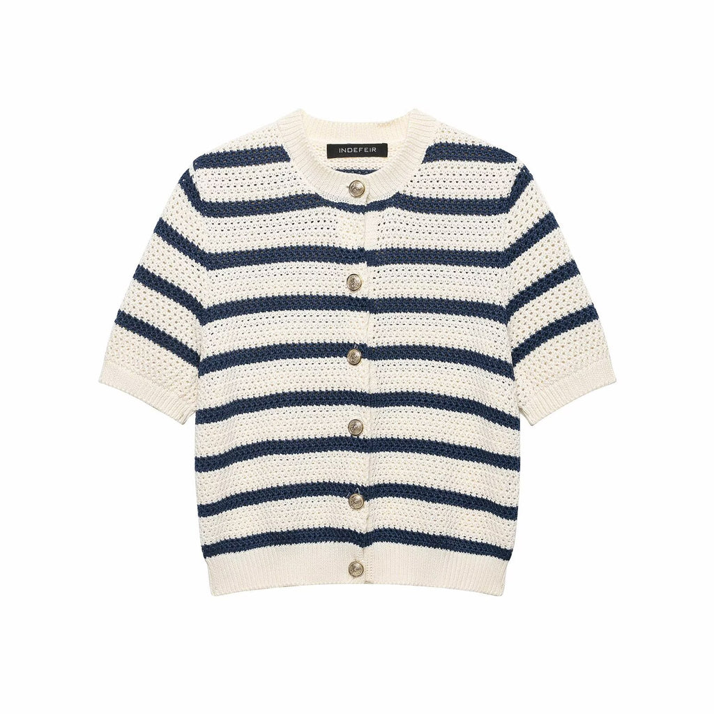 Early Autumn Women Clothing Casual Decorated Row Button round Neck Striped Sweater flightCourse