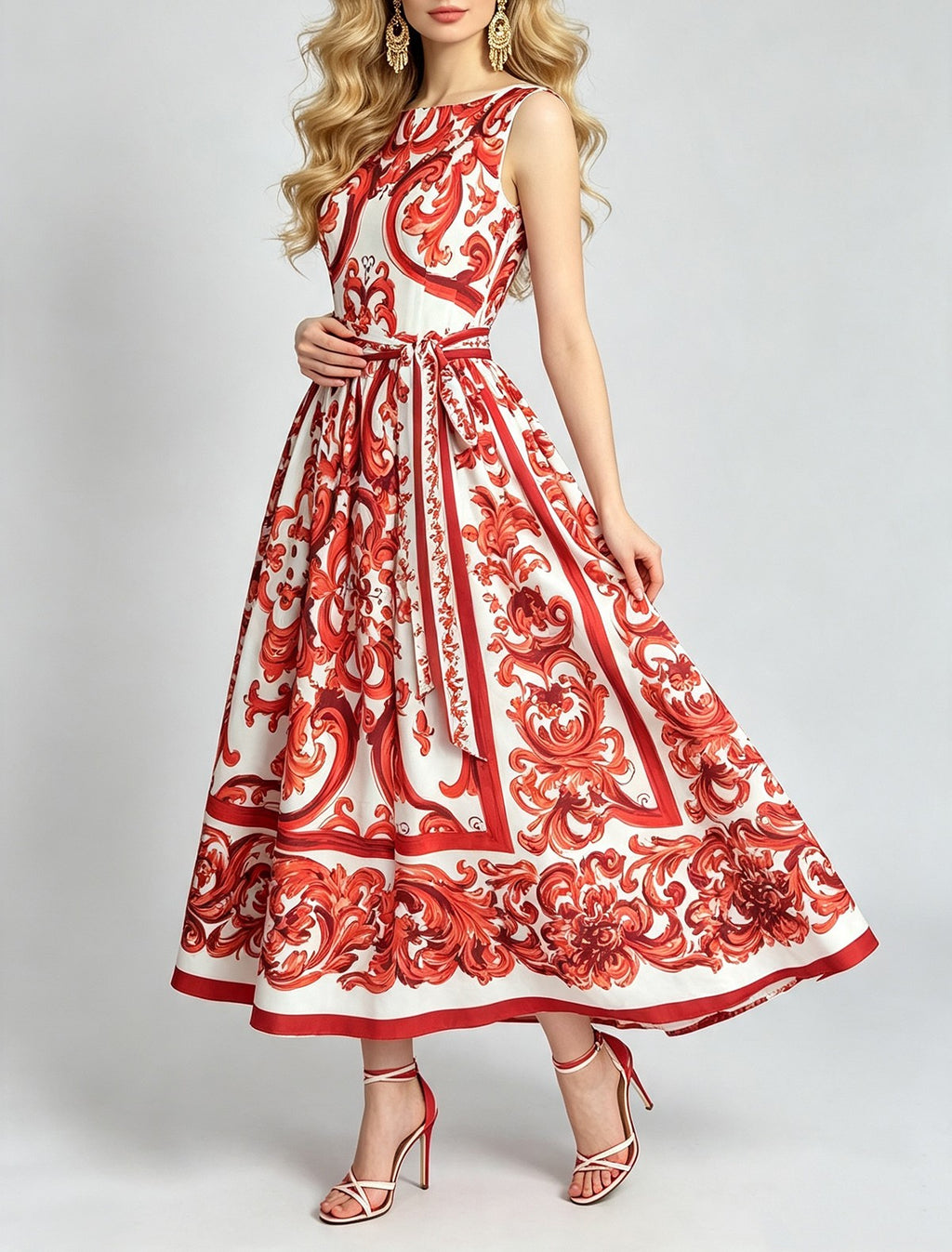 Women Romantic Floral Print Sleeveless Dress High Waist Bow Tie Belt And Wide Dress ESUNG