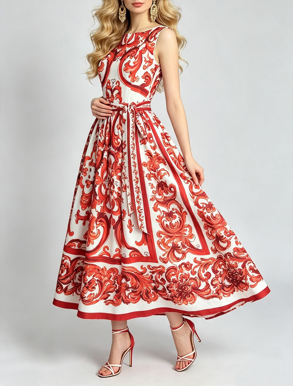 Women Romantic Floral Print Sleeveless Dress High Waist Bow Tie Belt And Wide Dress ESUNG