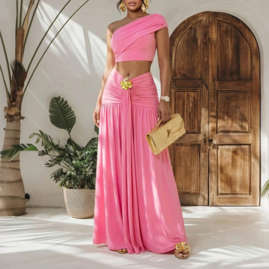 Women Solid Color Diagonal Collar Cropped Top Casual Dinner Sexy Mid Length Skirt Two Piece Sets Coya
