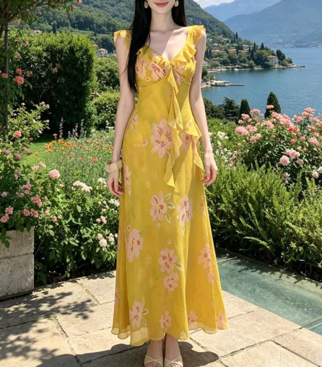 Summer Linglan French Vacation Yellow Ruffled Spaghetti Straps Dress Fairy Dress Summer Seaside Atmosphere Dress Adore