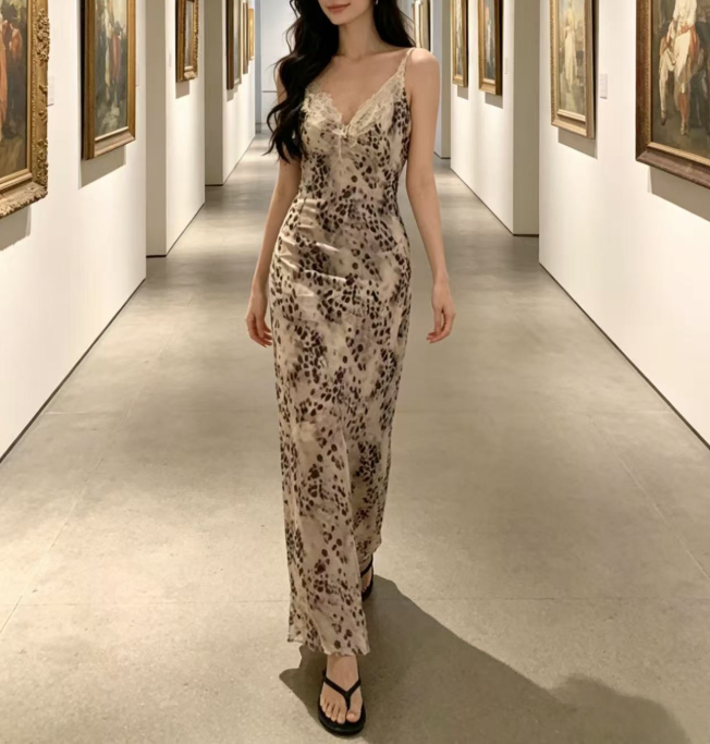 Spring Summer Lace Leopard Print Printed V neck Dress Women Sexy Slimming Beam Waist Strap Dress Adore