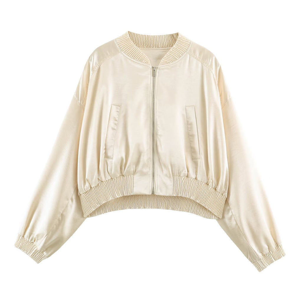 Autumn Women Clothing Office round Neck Drop Shoulder Long Sleeve Short Bomber Jacket Coat SenDa