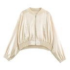 Autumn Women Clothing Office round Neck Drop Shoulder Long Sleeve Short Bomber Jacket Coat SenDa