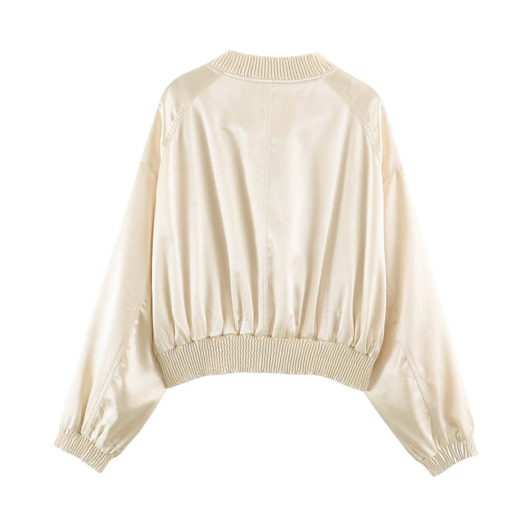 Autumn Women Clothing Office round Neck Drop Shoulder Long Sleeve Short Bomber Jacket Coat SenDa
