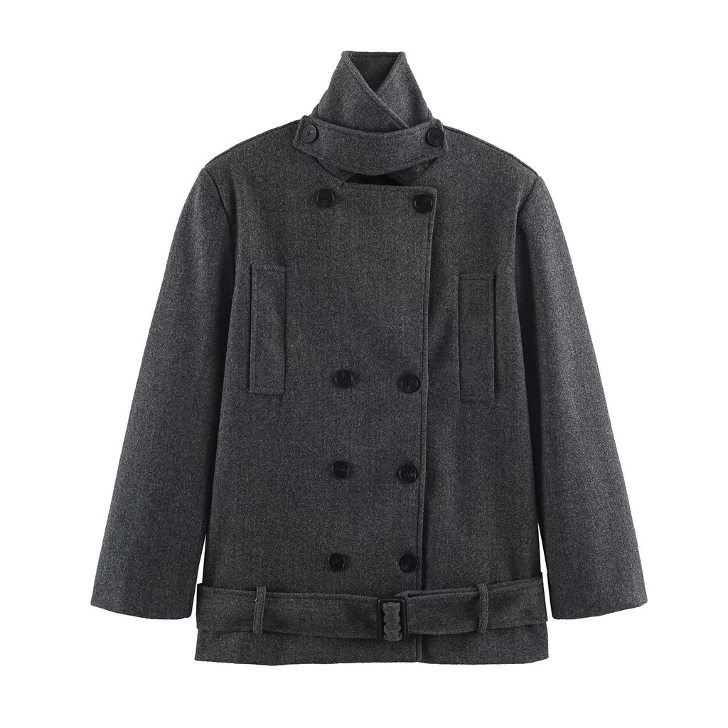 Women Clothing Autumn Office Fashionable Elegant Double Breasted Woolen Coat SenDa