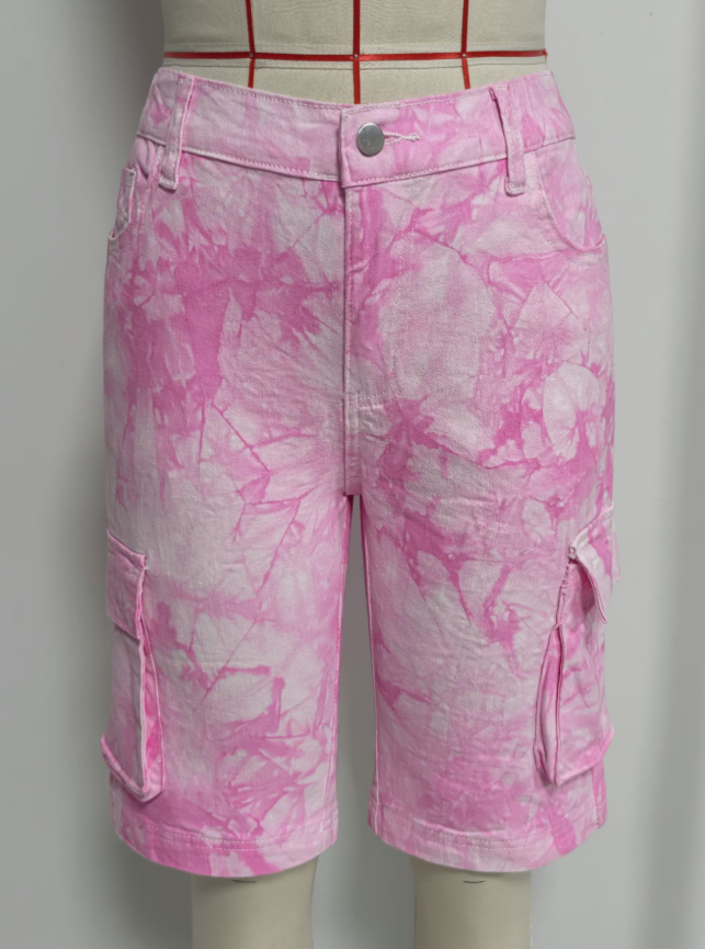 Pink Tie Dye Workwear Fifth Pants Elastic Back Waist Casual Multi Pocket Denim Middle Pants Women Clothing Cisco