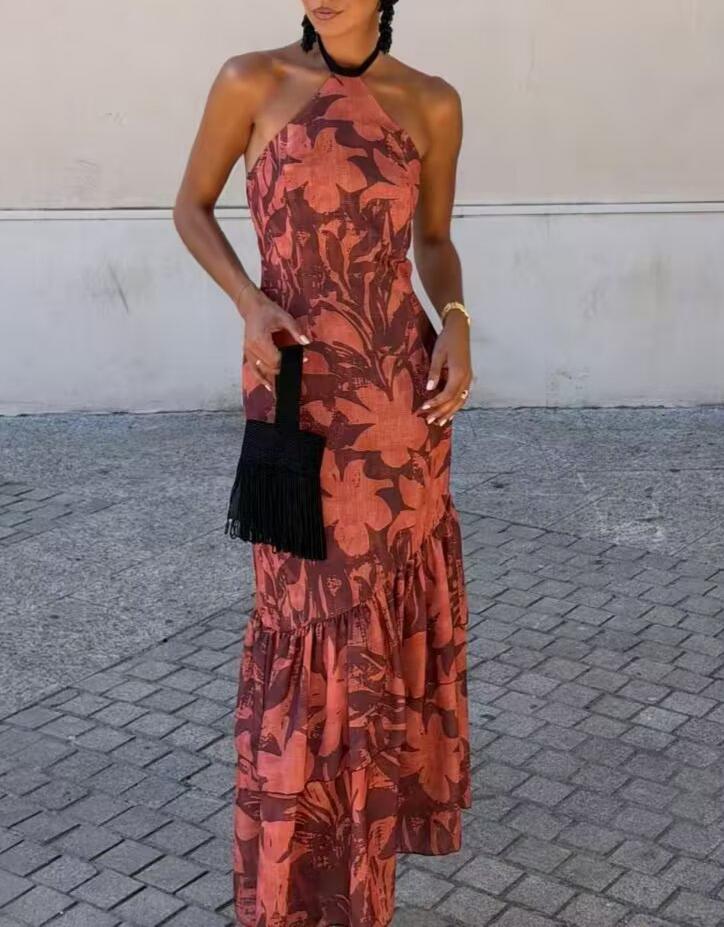 Women Clothing Fall Slim Fit Slimming Color Matching Halter Dress JiaJia