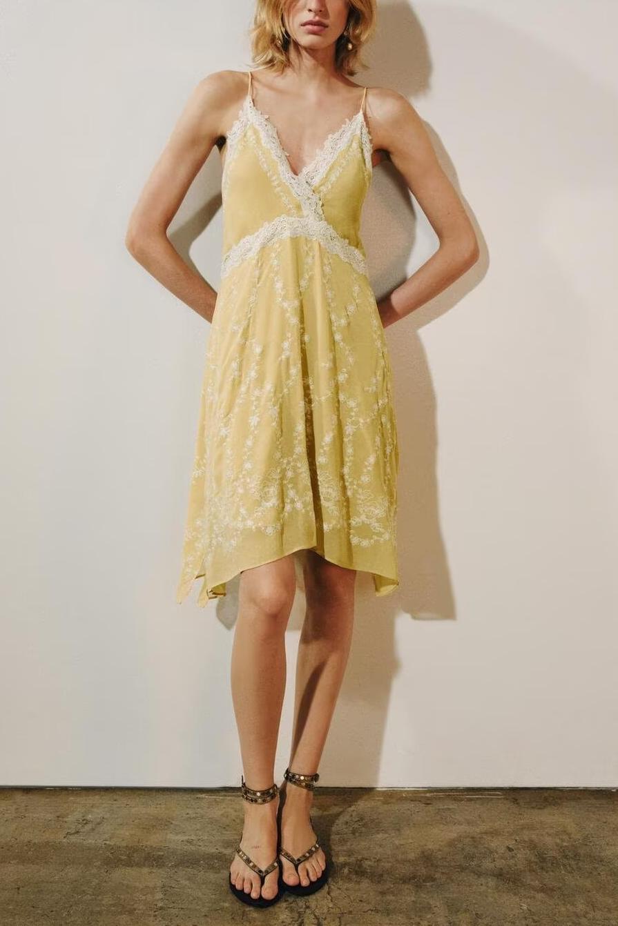 French Gentle Floral Embroidered V neck Lace Edge Irregular Asymmetric Hem Waist Tight Suspender Dress Howe