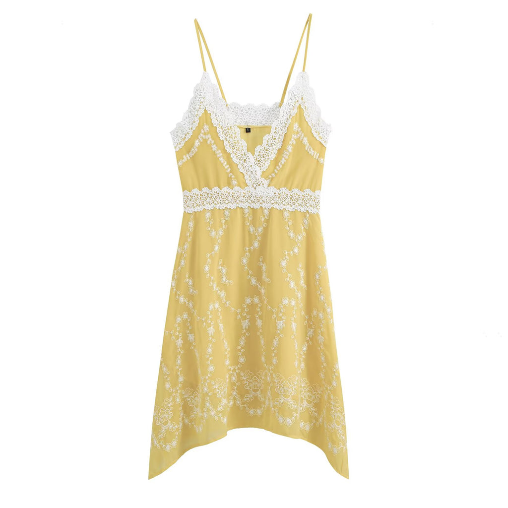 French Gentle Floral Embroidered V neck Lace Edge Irregular Asymmetric Hem Waist Tight Suspender Dress Howe