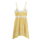 French Gentle Floral Embroidered V neck Lace Edge Irregular Asymmetric Hem Waist Tight Suspender Dress Howe