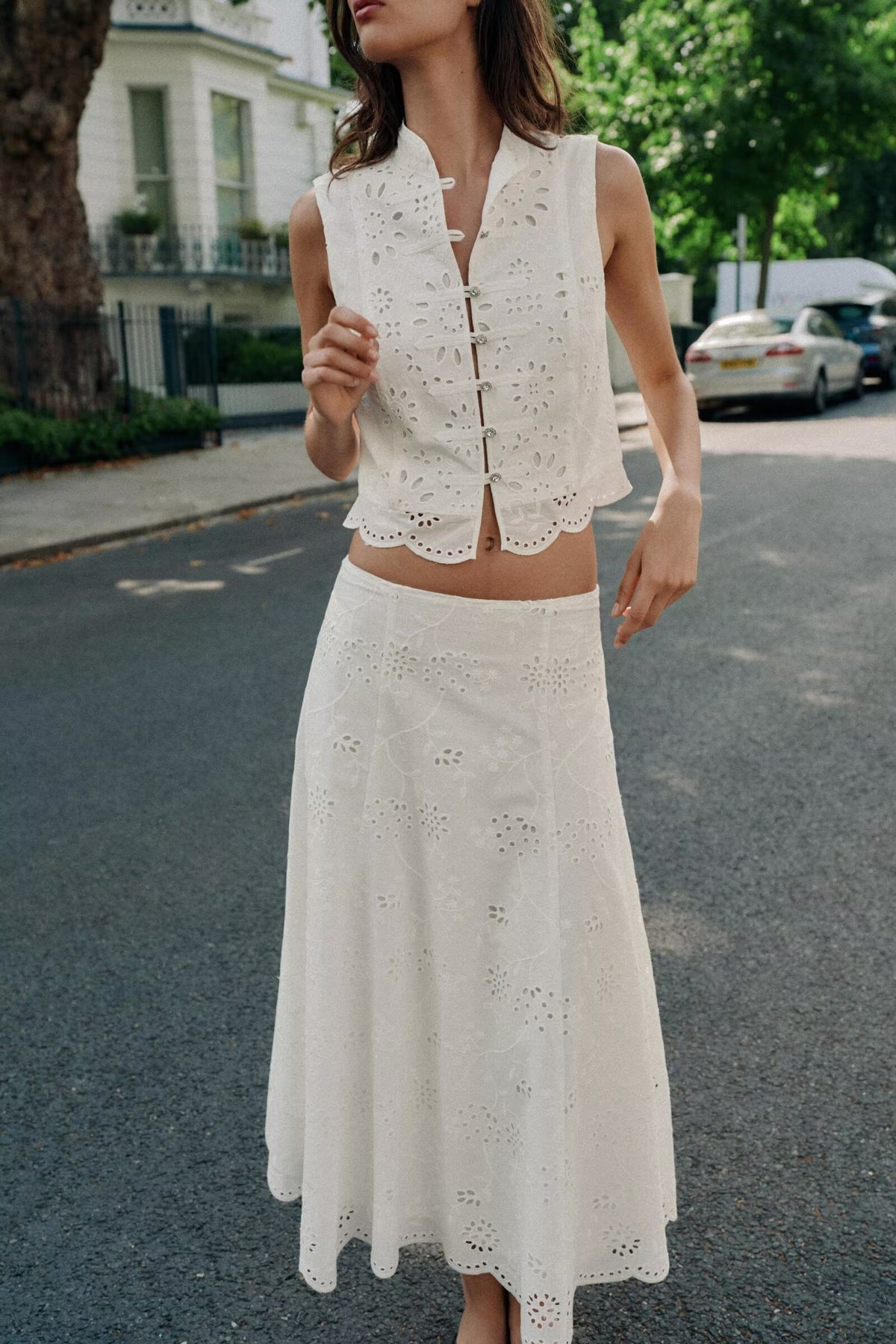 Women round Neck Jewelry Buckle Hollow Out Cutout Embroidered Top A line Midi Skirt Two Piece Sets flightCourse