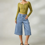 Summer Three Quarter Length Wide Leg Denim High Waist Loose Trendy All Matching Straight Women Jeans Shocen