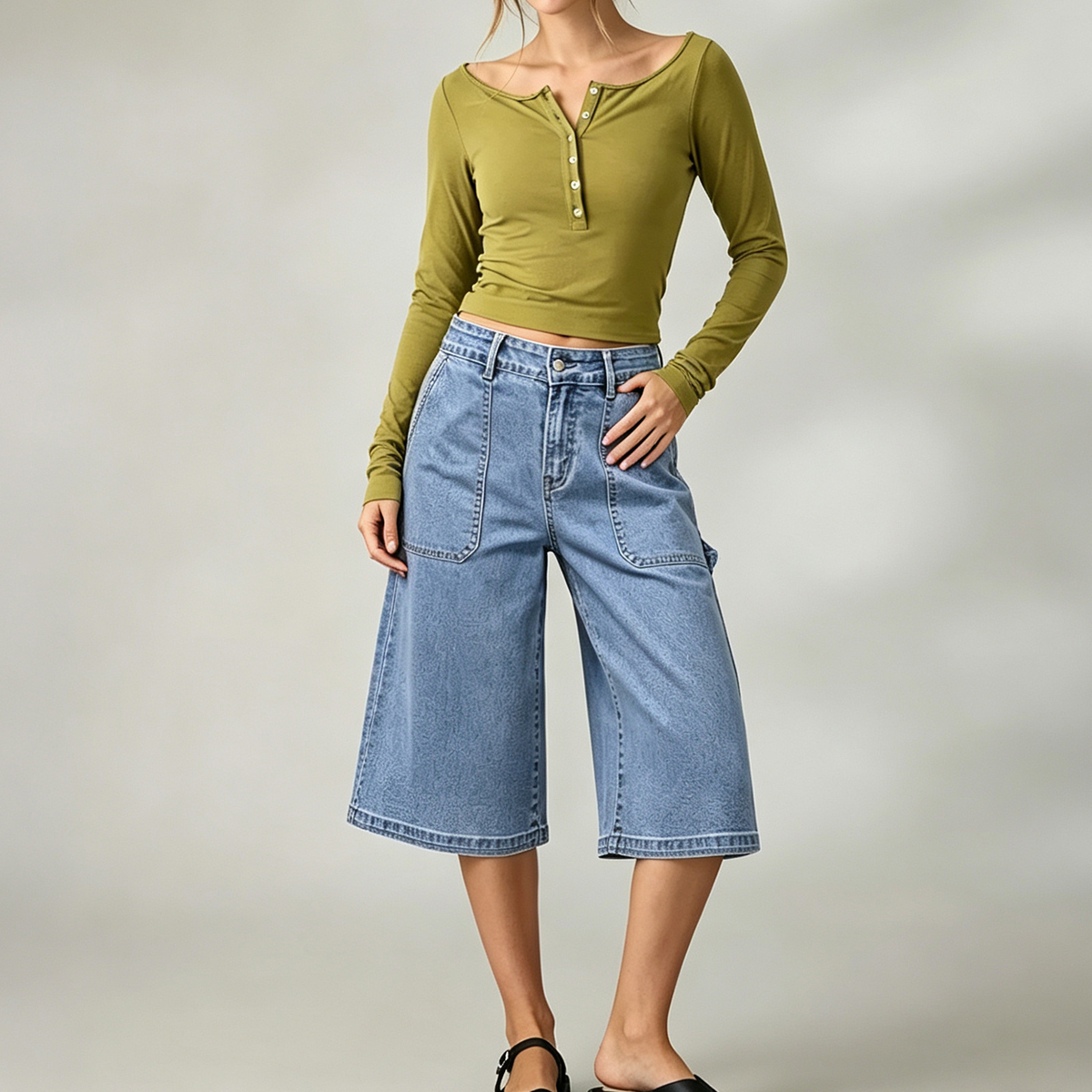 Summer Three Quarter Length Wide Leg Denim High Waist Loose Trendy All Matching Straight Women Jeans Shocen