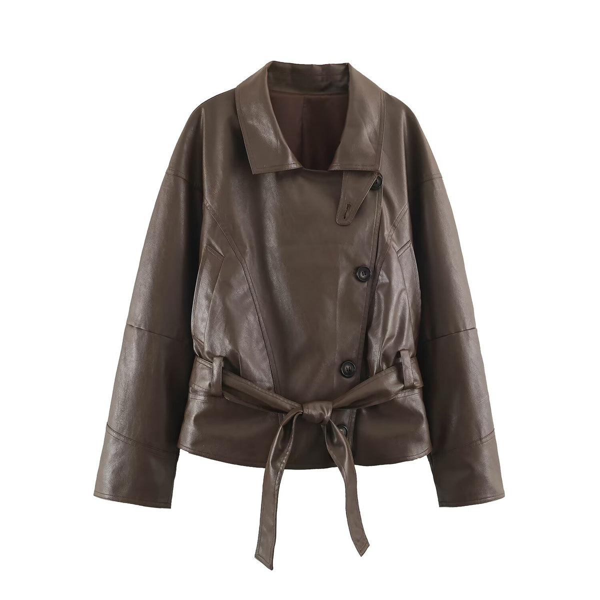 Women Clothing Polo Collar Lace up Waist Leather Jacket SenDa
