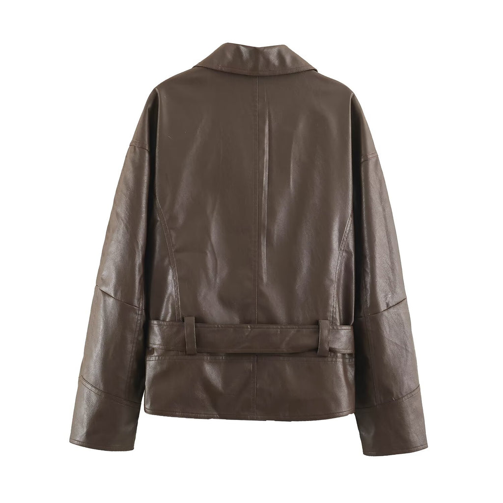 Women Clothing Polo Collar Lace up Waist Leather Jacket SenDa