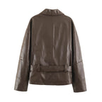Women Clothing Polo Collar Lace up Waist Leather Jacket SenDa