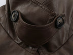 Women Clothing Polo Collar Lace up Waist Leather Jacket SenDa