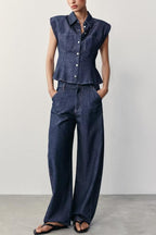 Women Clothing Fashionable All Match Padded Shoulder Shirt Trousers Set Howe