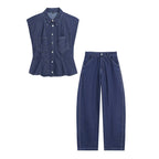 Women Clothing Fashionable All Match Padded Shoulder Shirt Trousers Set Howe