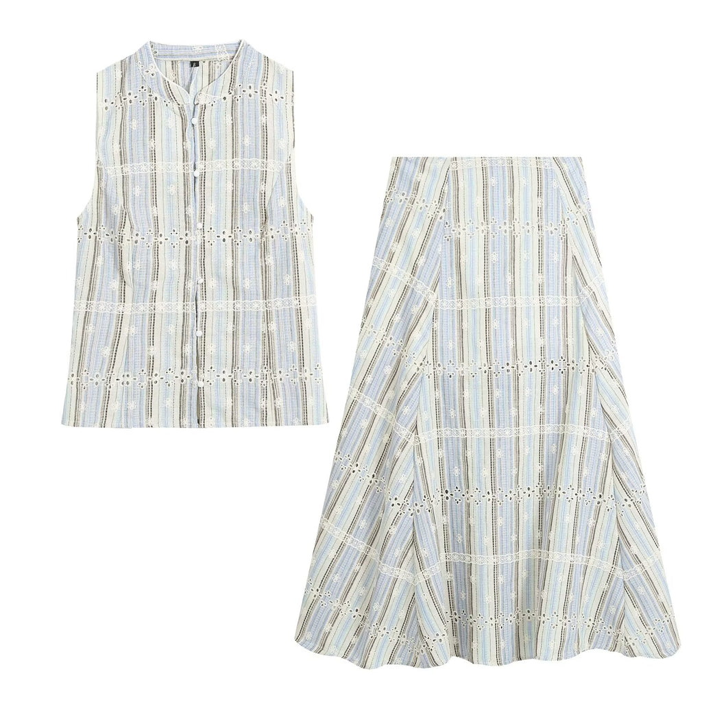 Women Clothing Slim Striped Embroidered Sleeveless Top Skirt Sets Howe