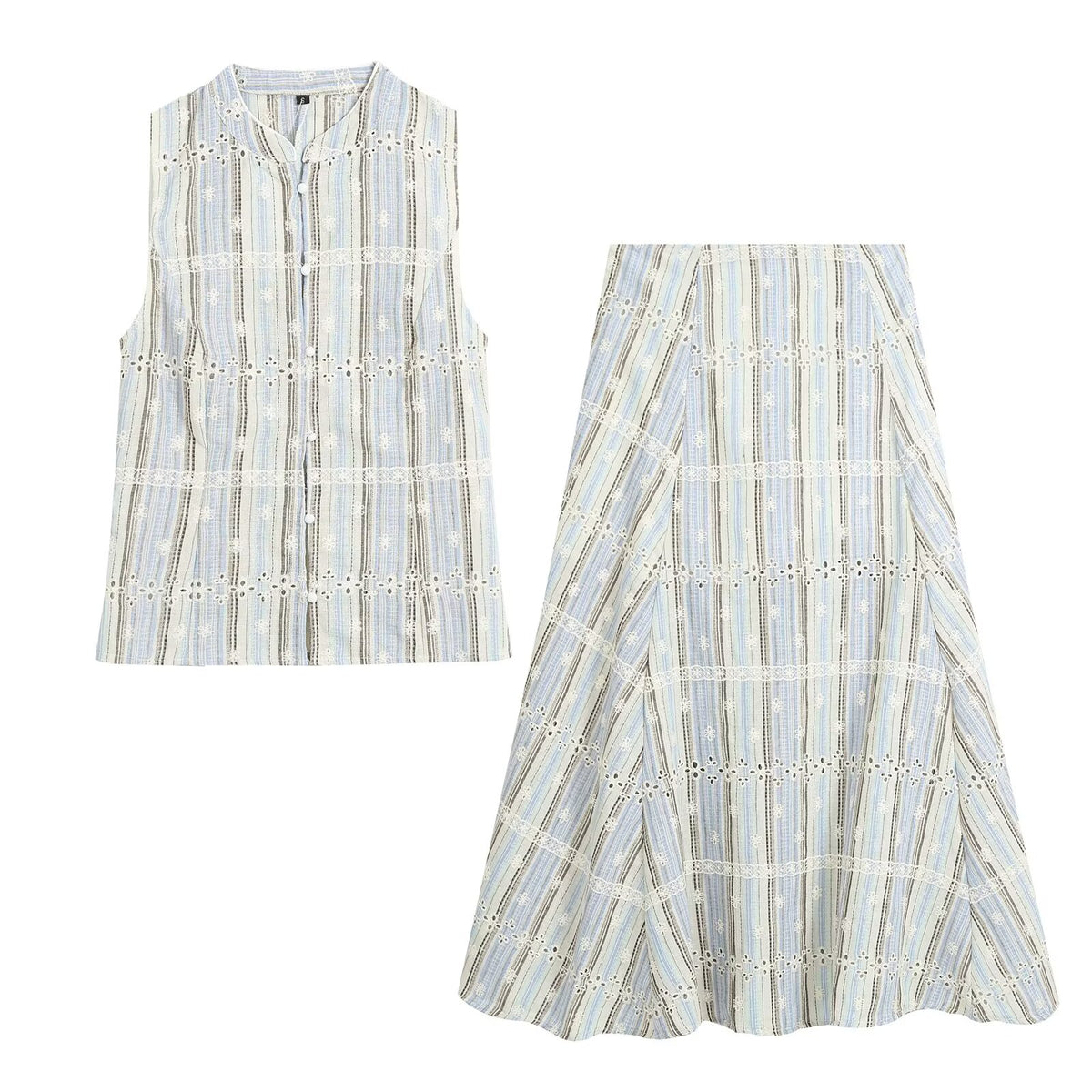 Women Clothing Slim Striped Embroidered Sleeveless Top Skirt Sets Howe